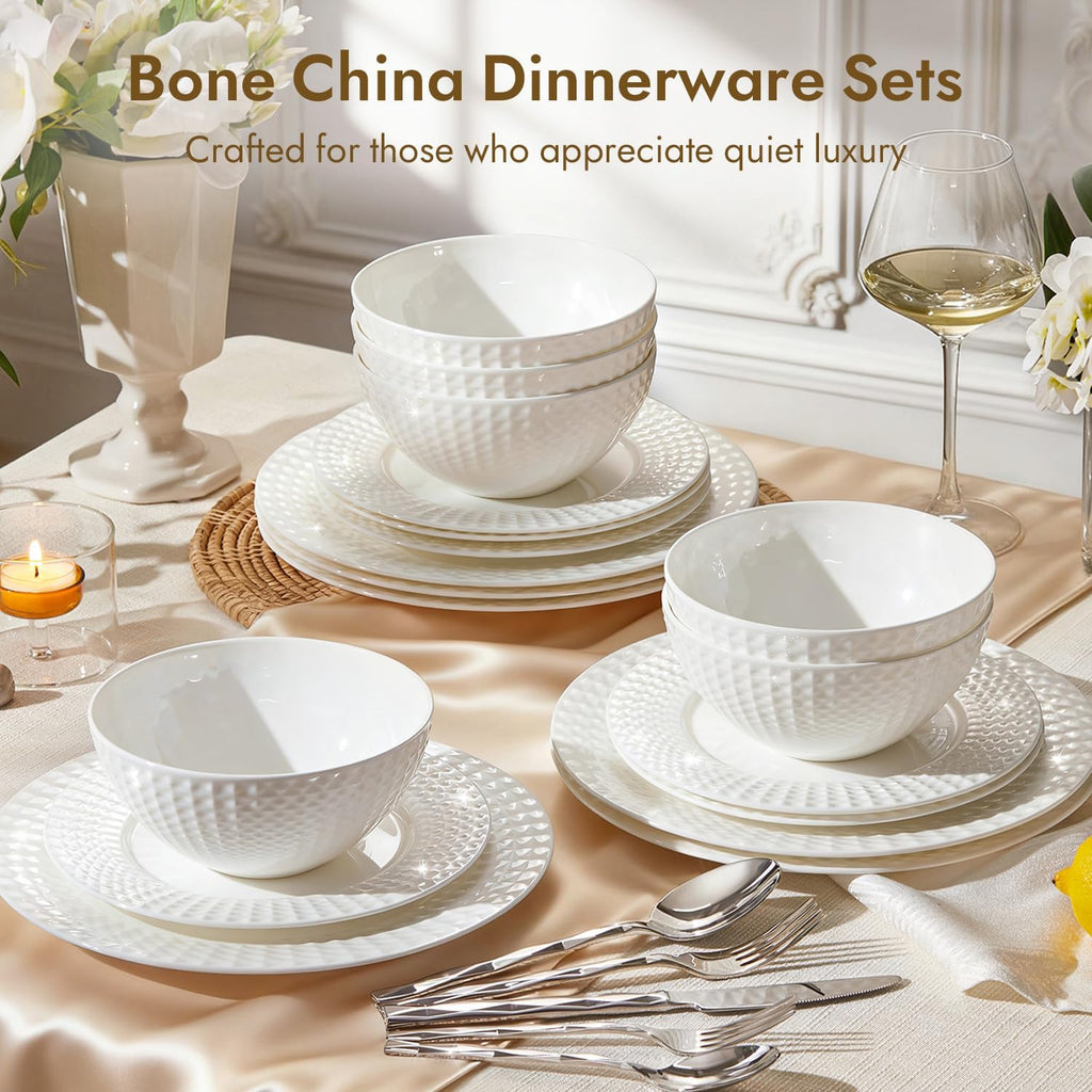 KINGSTONE 12-piece Bone China Dinnerware Set and 20-piece silverware, White Lightweight Porcelain for 4, Plates, Bowls with matching flatware, Microwave and Dishwasher Safe, for Family, Gifting