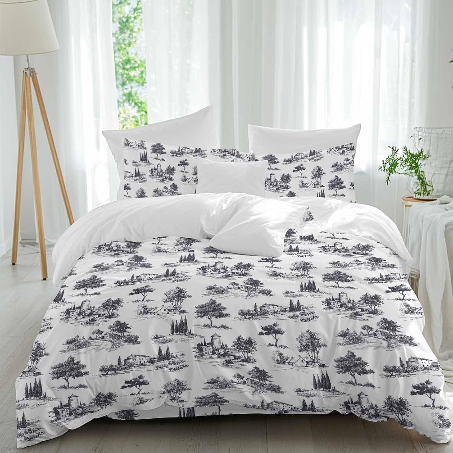 Farmhouses Plants Duvet Cover Set Queen Size 4 Pieces Mystic Castle Rustic Abstract Tree Retro Bedding Set with Zipper Closure, 1 Comforter Cover 90x92 Inches 1 Flat Sheet & 2 Pillow Cases