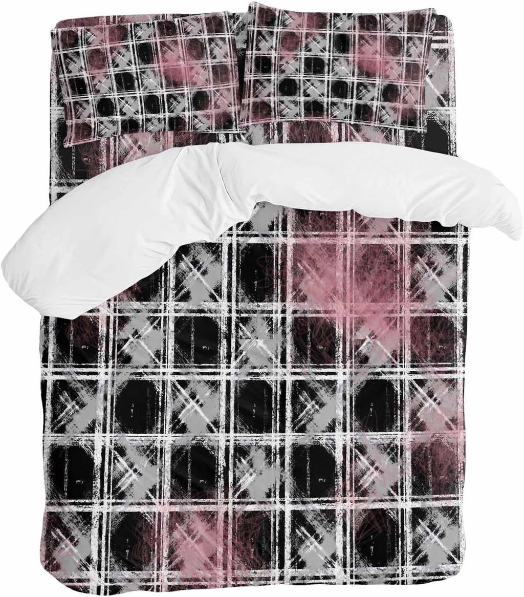 Tartan Duvet Cover Set Queen Size 4 Pieces Scottish Plaid Gray White Stripes Black Plaid Artistic Bedding Set with Zipper Closure, 1 Comforter Cover 92x106 Inches 1 Flat Sheet & 2 Pillow Cases