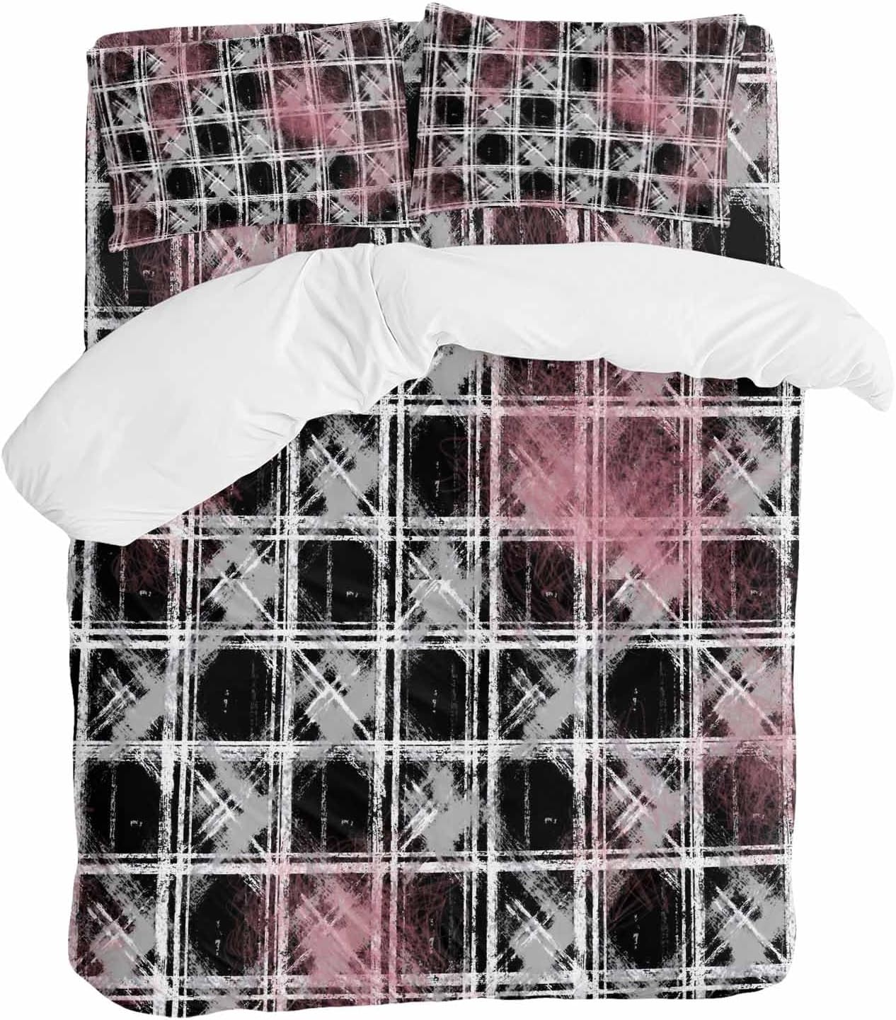 Tartan Duvet Cover Set Queen Size 4 Pieces Scottish Plaid Gray White Stripes Black Plaid Artistic Bedding Set with Zipper Closure, 1 Comforter Cover 92x106 Inches 1 Flat Sheet & 2 Pillow Cases