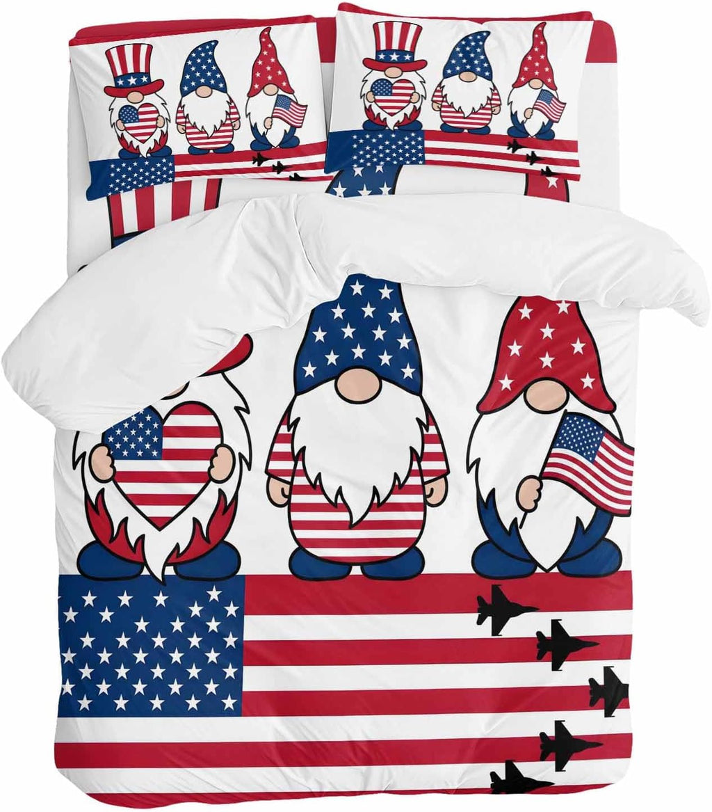 Independence Day Duvet Cover Set Queen Size 4 Pieces Cute Gnome with American Flag Hat Red White Stripes Bedding Set with Zipper Closure, 1 Comforter Cover 92x106 Inches 1 Flat Sheet & 2 Pillow Cases