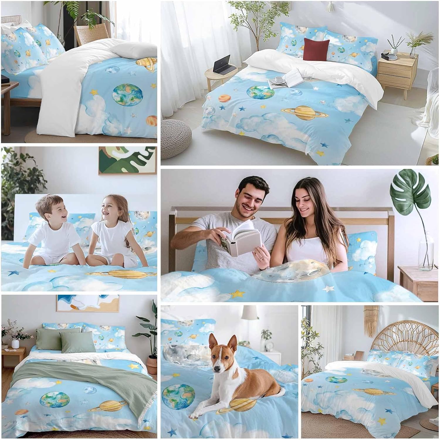Prime Leader Planets Blue Sky Duvet Cover Set Queen Size 4 Pieces Earth Moon Yellow Star Clouds Dreamy Bedding Set with Zipper Closure, 1 Comforter Cover 90x92 Inches 1 Flat Sheet & 2 Pillow Cases