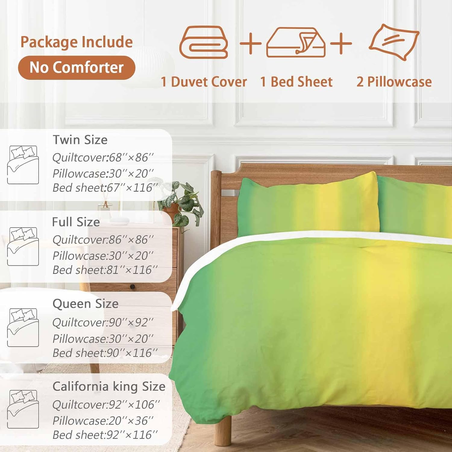 Green and Yellow Ombre Duvet Cover Set Queen Size 4 Pieces Minimalist Gradient Striped Texture Bedding Set with Zipper Closure, 1 Comforter Cover 86x86 Inches 1 Flat Sheet & 2 Pillow Cases