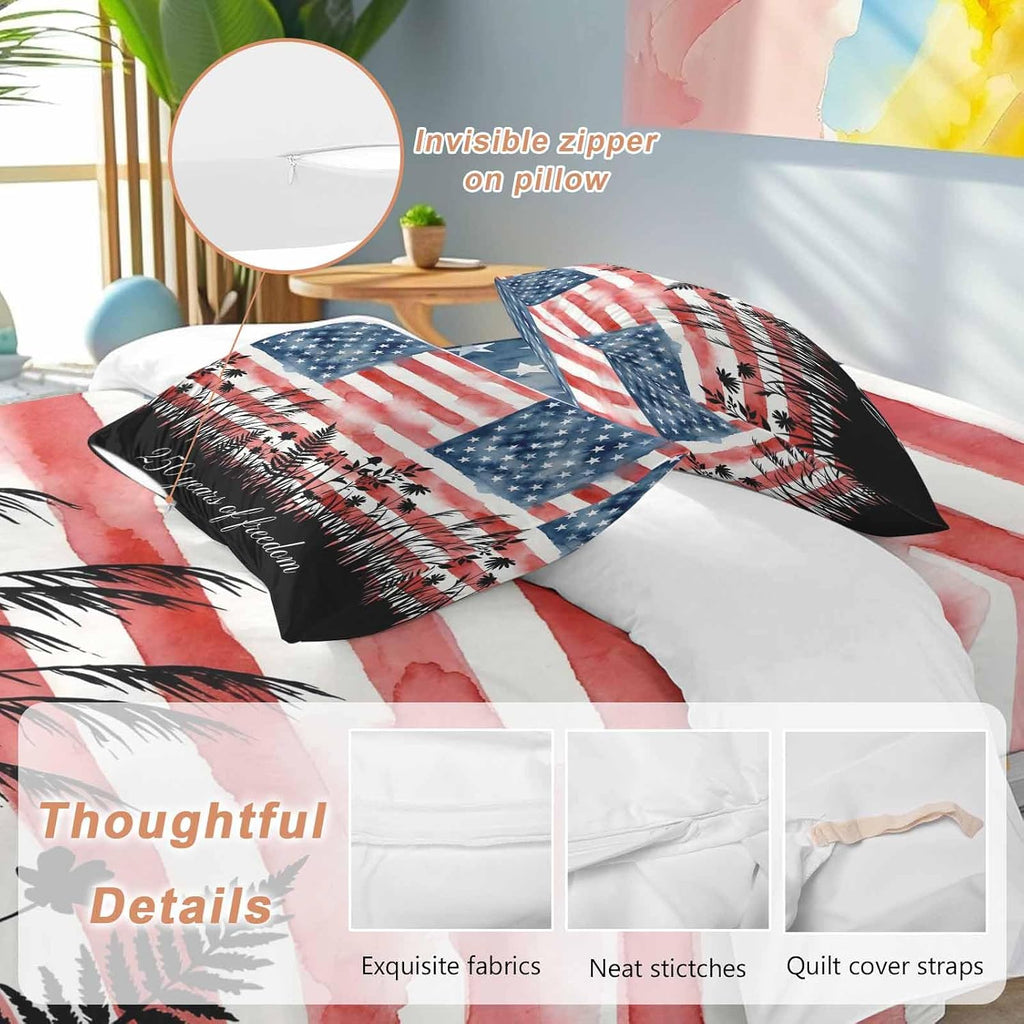 250 Years of Freedom Duvet Cover Set Queen Size 4 Pieces Watercolor America Flag Plant Fower Bedding Set with Zipper Closure, 1 Comforter Cover 92x106 Inches 1 Flat Sheet & 2 Pillow Cases