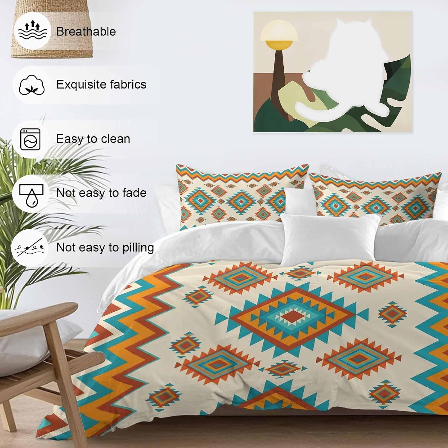 Bohemia Geometric Duvet Cover Set Queen Size 4 Pieces Western Teal Orange Beige Aztec Ethnic Bedding Set with Zipper Closure, 1 Comforter Cover 92x106 Inches 1 Flat Sheet & 2 Pillow Cases