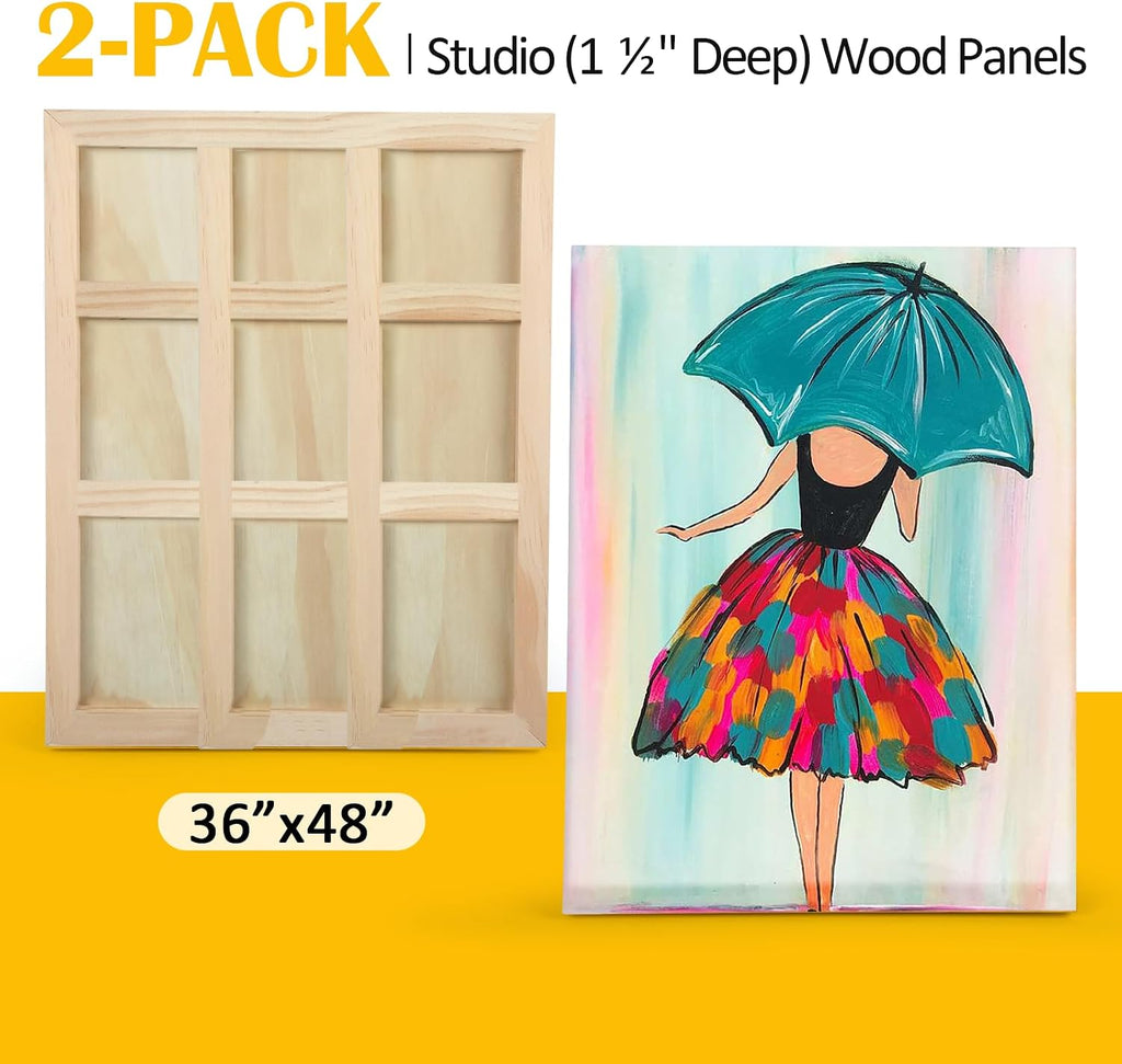 Falling in Art 2 Pack Unfinished Wooden Canvas Panels, 36x48 Gallery Birch Wood Panels Kit, 1 1/2' Deep Art Cradle Boards for Acrylic Painting, Pouring and Burning