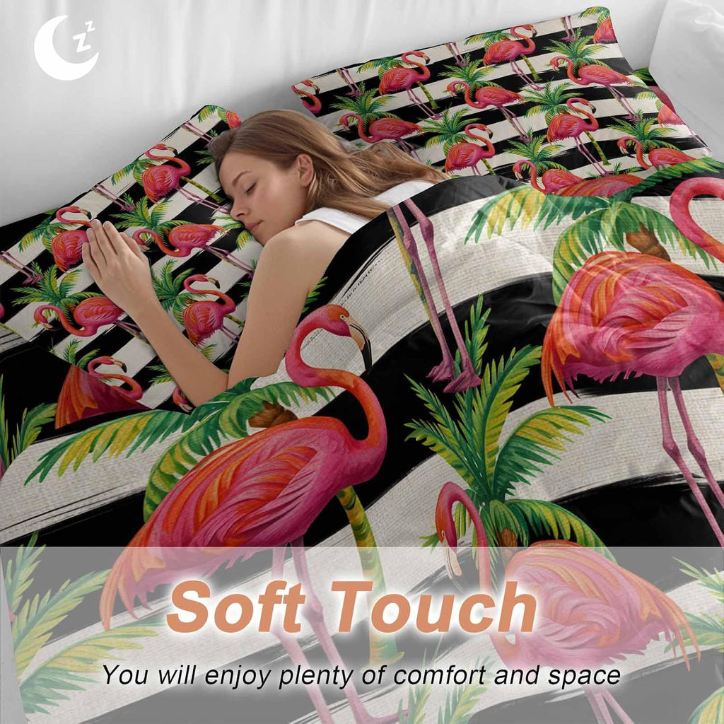 Prime Leader Pink Flamingo Duvet Cover Set Queen Size 4 Pieces Palm Leaf White Black Striped Vintage Bedding Set with Zipper Closure, 1 Comforter Cover 90x92 Inches 1 Flat Sheet & 2 Pillow Cases