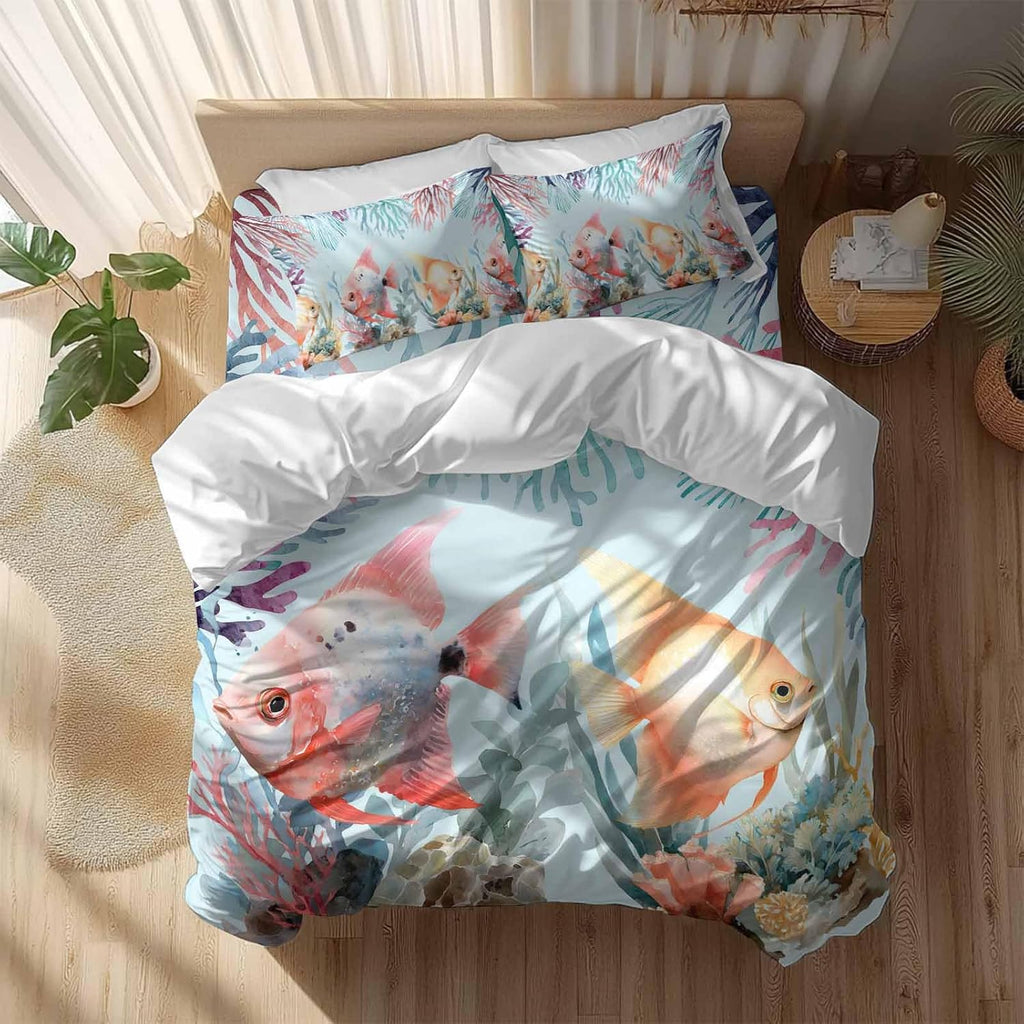 Summer Fish Duvet Cover Set Queen Size 4 Pieces Nautical Watercolor Orange Red Marine Life Coral Seaweed Bedding Set with Zipper Closure, 1 Comforter Cover 86x86 Inches 1 Flat Sheet & 2 Pillow Cases