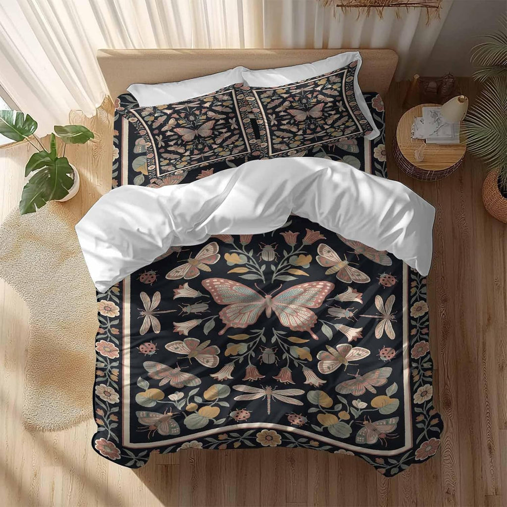 Retro Theme Duvet Cover Set Queen Size 4 Pieces Butterfly Dragonfly Plants Flowers Leaves Black Bedding Set with Zipper Closure, 1 Comforter Cover 90x92 Inches 1 Flat Sheet & 2 Pillow Cases