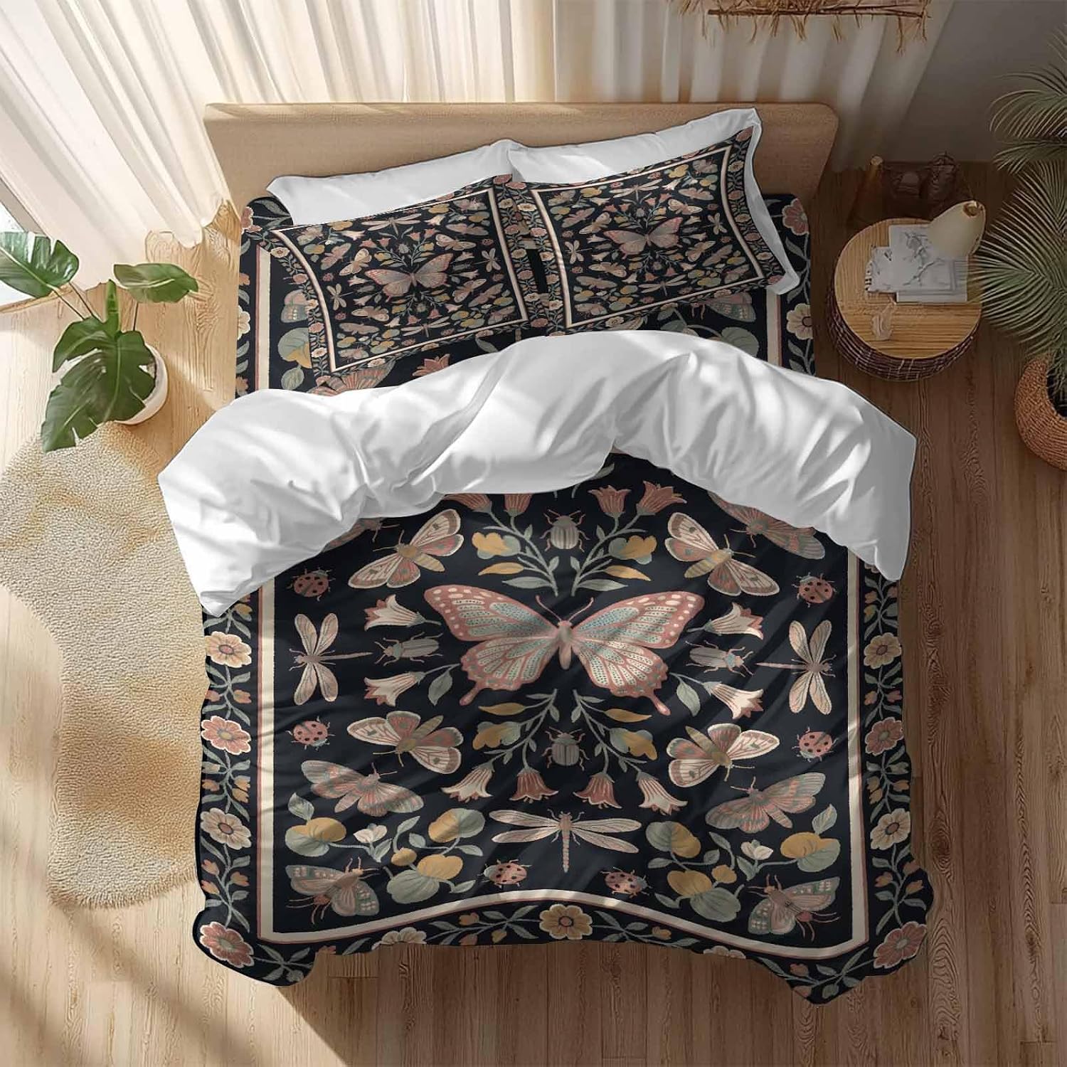 Retro Theme Duvet Cover Set Queen Size 4 Pieces Butterfly Dragonfly Plants Flowers Leaves Black Bedding Set with Zipper Closure, 1 Comforter Cover 90x92 Inches 1 Flat Sheet & 2 Pillow Cases