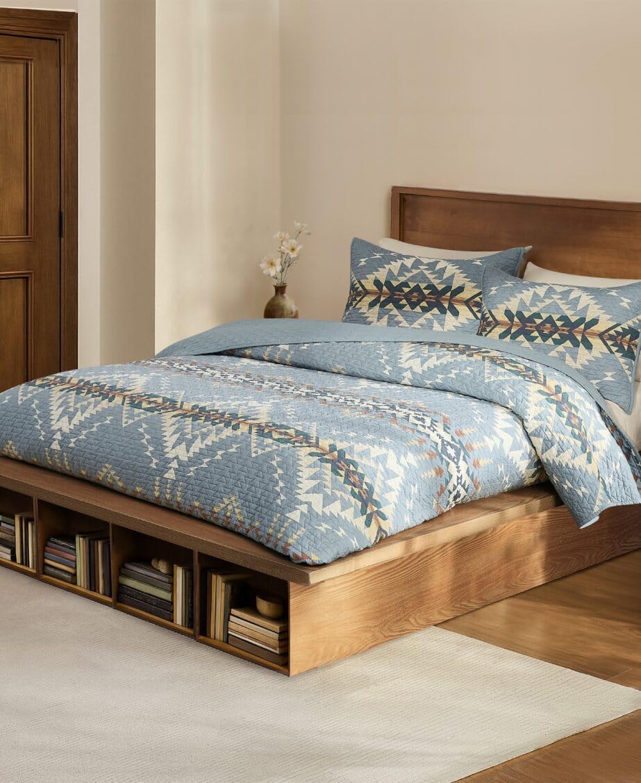 Pendleton King Quilt Set – 100% Cotton 3 Piece Quilt Set with Shams, Soft Lightweight Bedding for King Size Bed, Light Blue Patterned Comforter Alternative, King Bedding Set (Bridge Creek)