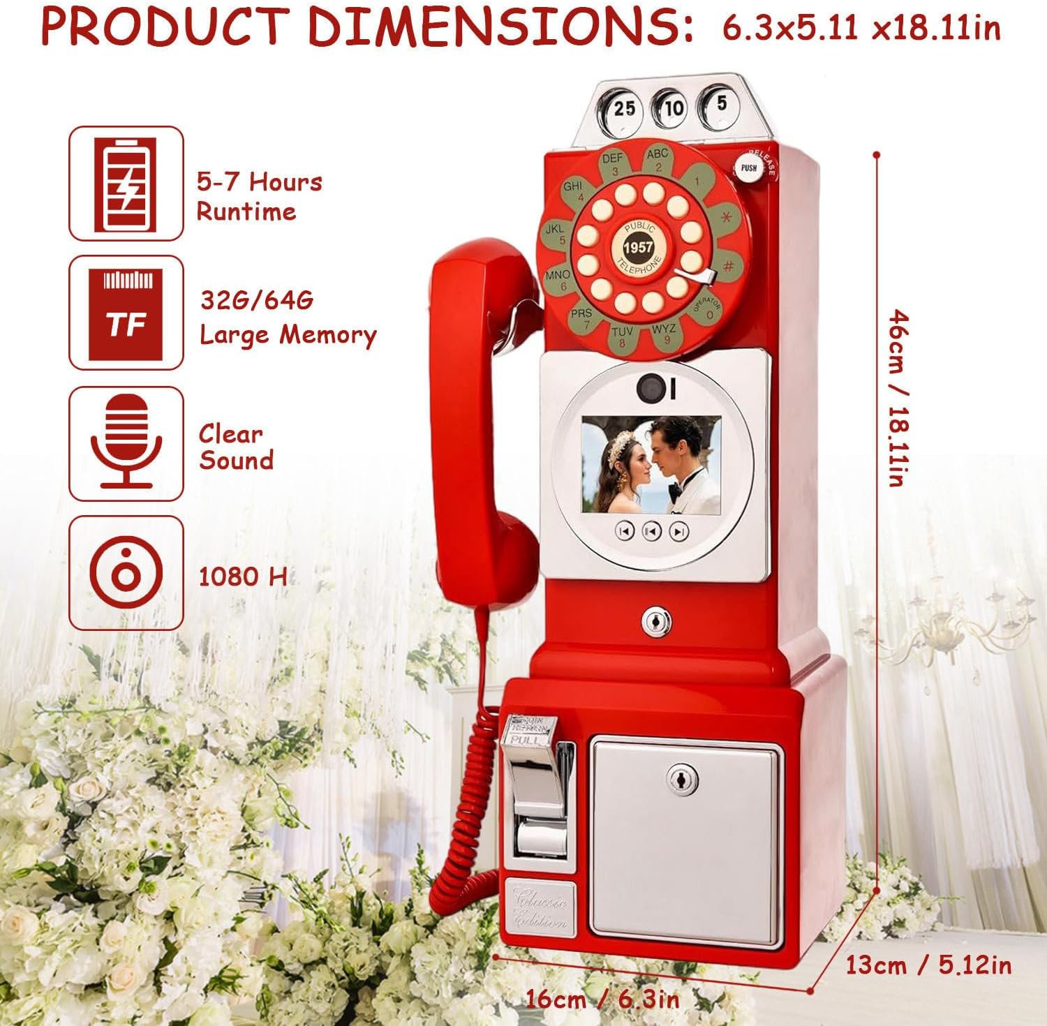 Video Audio Guest Book Wedding Phone,1080p HD Video Phone Guestbook, Customized Video Message, Preserve Your Special Occasions, for Graduations,Wedding, Birthday,Red-32GB