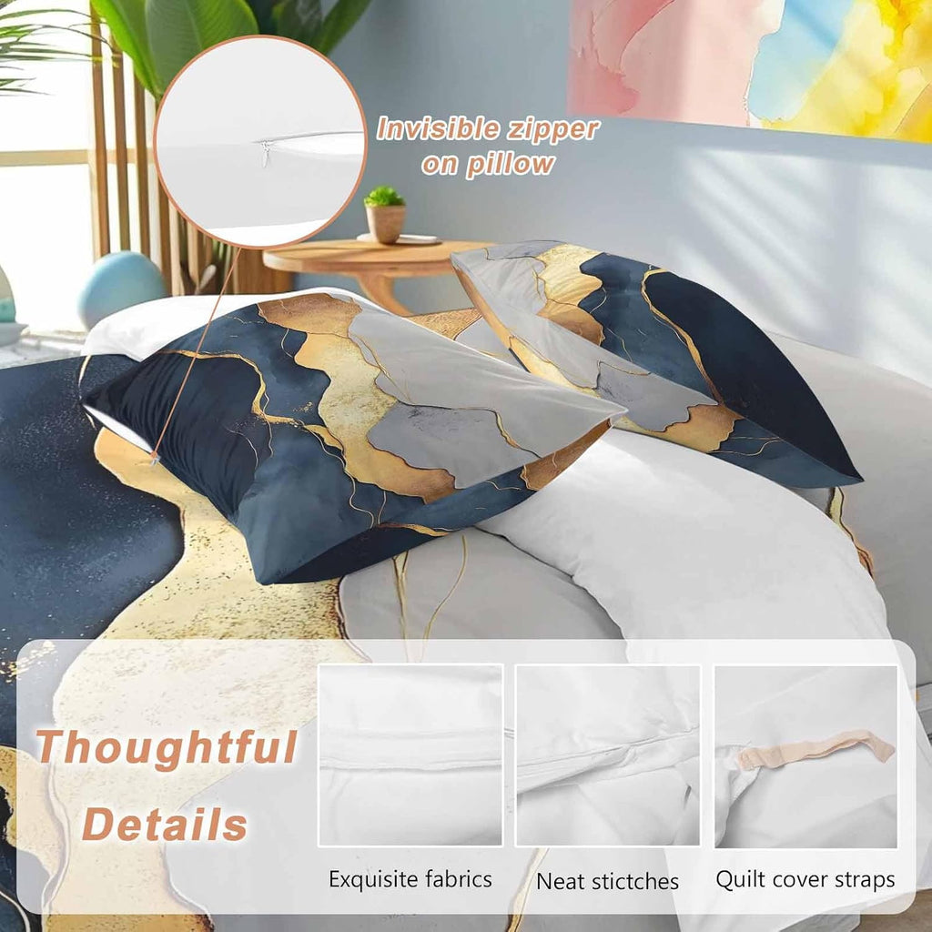 Prime Leader Abstract Impressionist Style Duvet Cover Set Queen Size 4 Pieces Gold Navy Blue Color Block Bedding Set with Zipper Closure, 1 Comforter Cover 90x92 Inches 1 Flat Sheet & 2 Pillow Cases