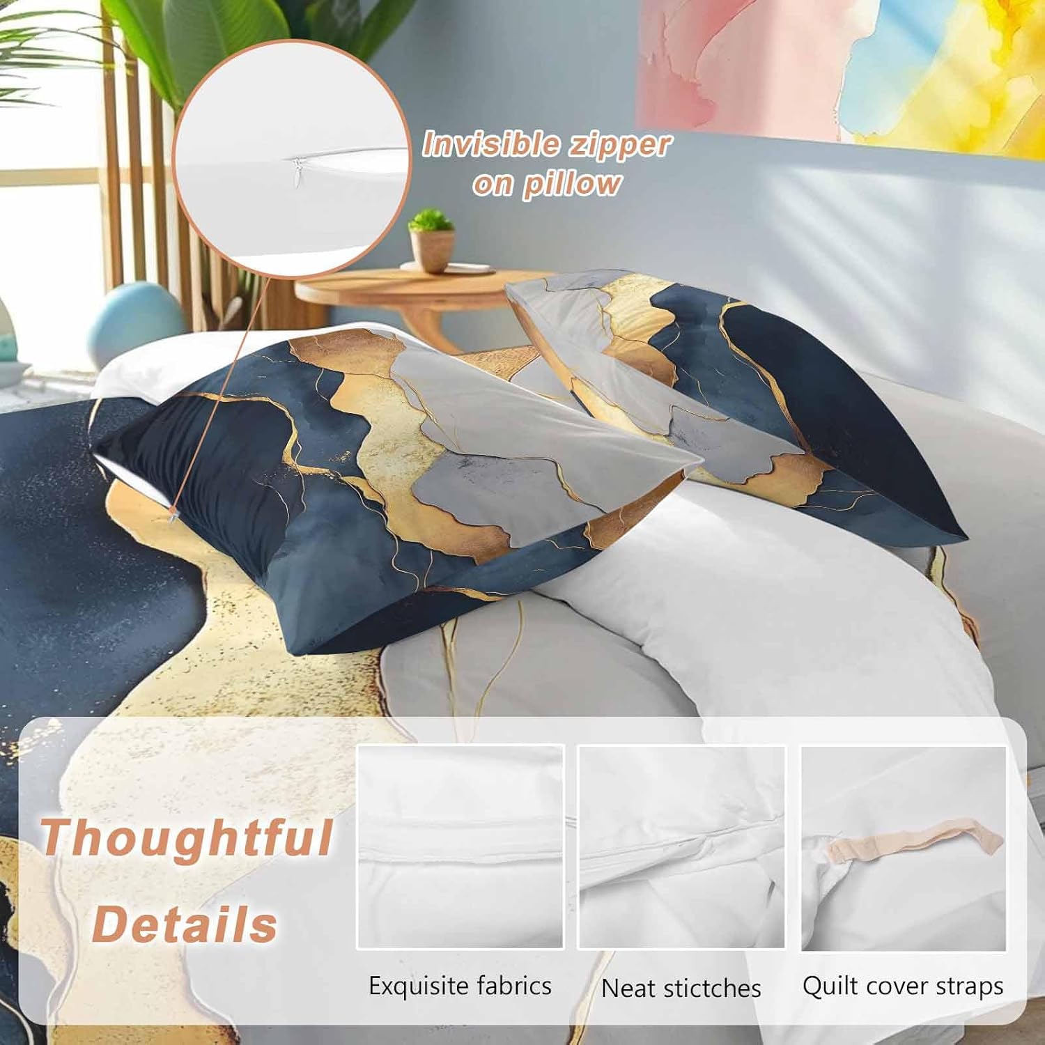 Prime Leader Abstract Impressionist Style Duvet Cover Set Queen Size 4 Pieces Gold Navy Blue Color Block Bedding Set with Zipper Closure, 1 Comforter Cover 90x92 Inches 1 Flat Sheet & 2 Pillow Cases