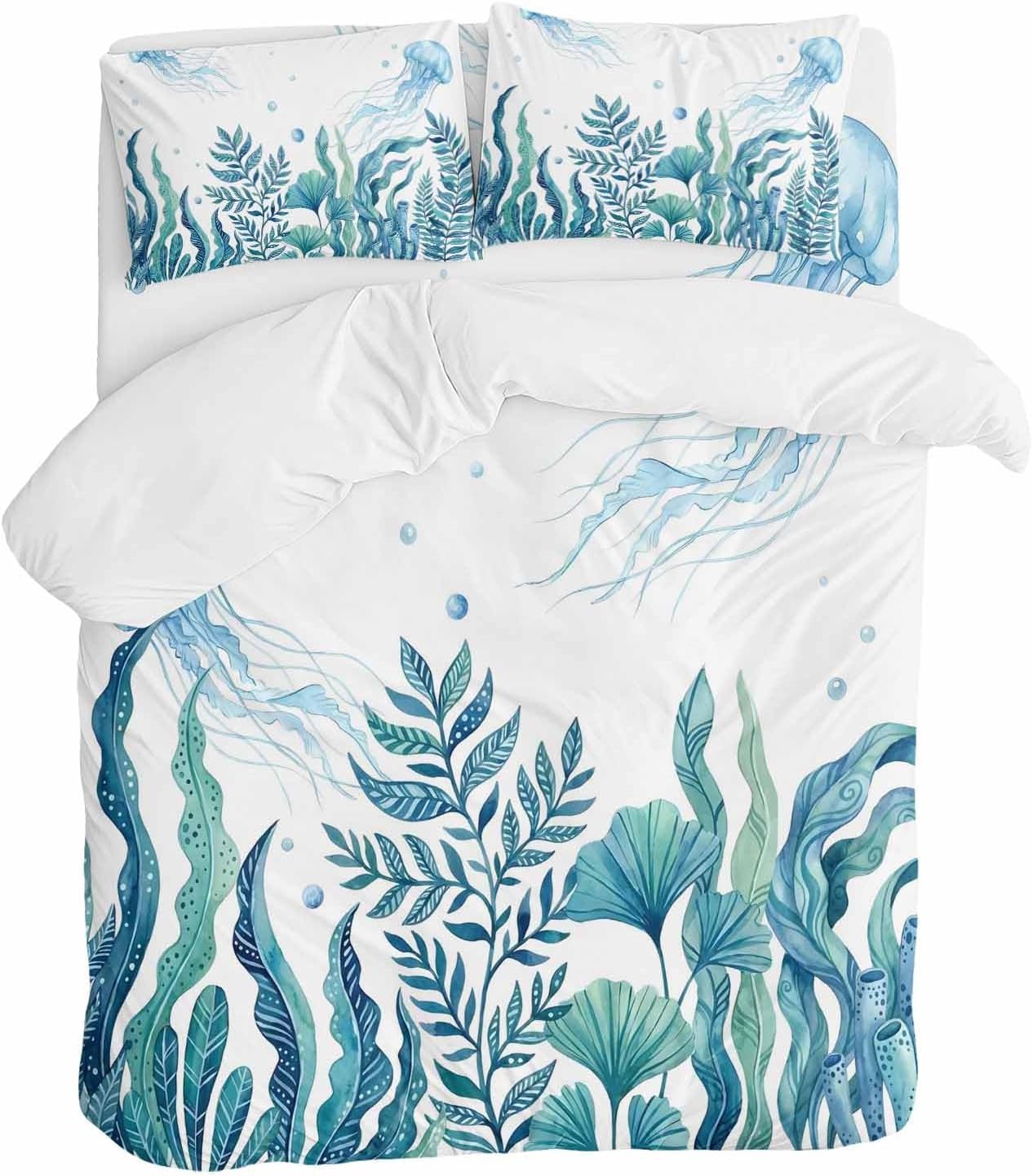 Prime Leader Blue Summer Ocean Duvet Cover Set Queen Size 4 Pieces Jellyfish Seaweed Watercolor Coastal Bedding Set with Zipper Closure, 1 Comforter Cover 90x92 Inches 1 Flat Sheet & 2 Pillow Cases