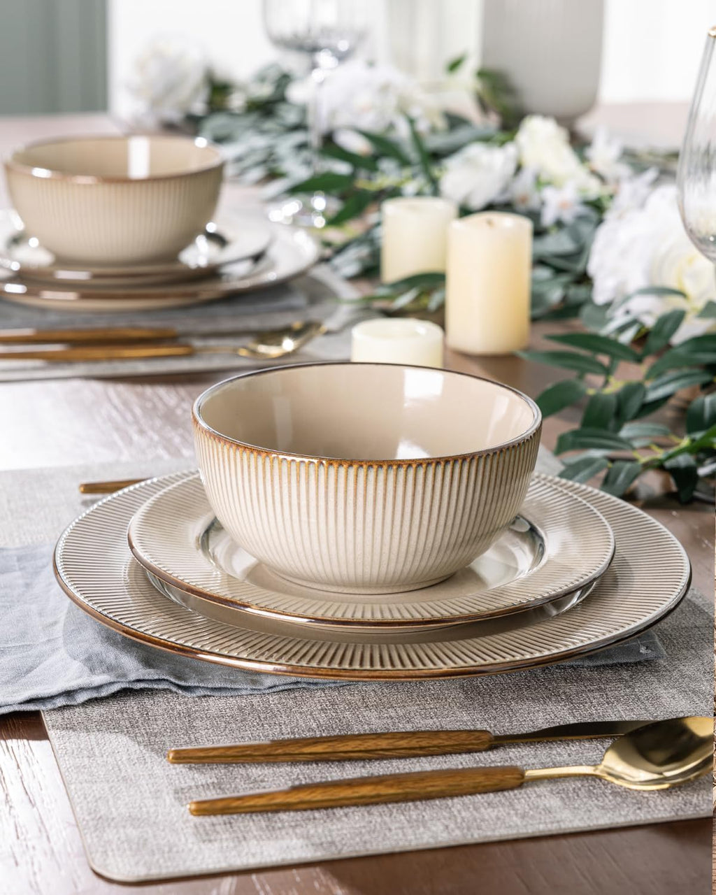 GBHOME Ceramic Dinnerware Sets, 24 pcs Embossed Elegant Stoneware Plates and Bowls Sets, Housewarming Wedding Gift | Dishwasher & Microwave Safe | Dishes Set Service for 8