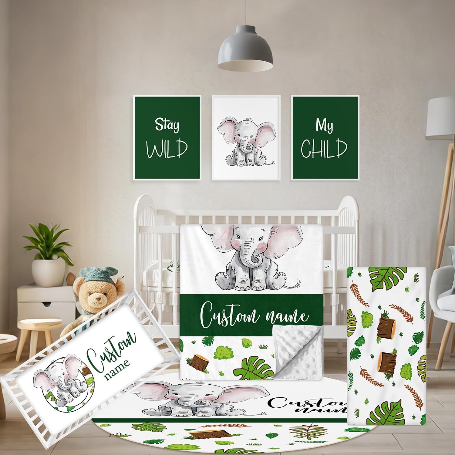 Terwex Personalized Baby Crib Set, 5 Pcs Baby Boy Crib Bedding Set, Custom Name Green Elephant Baby Crib Bedding Set Neutral, Double Layer Flannel Nursery Bedding Set, Infant Toddler Customized Gift