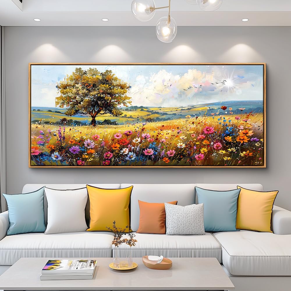 hyidecorart Large Framed Wall Art, Spring Landscape Wall Art, Nature Tree Wildflower Artwork, Colorful Scenery Rustic Painting Canvas Prints, Farmhouse Wall Decor Living Room Bedroom Picture 32x72 In