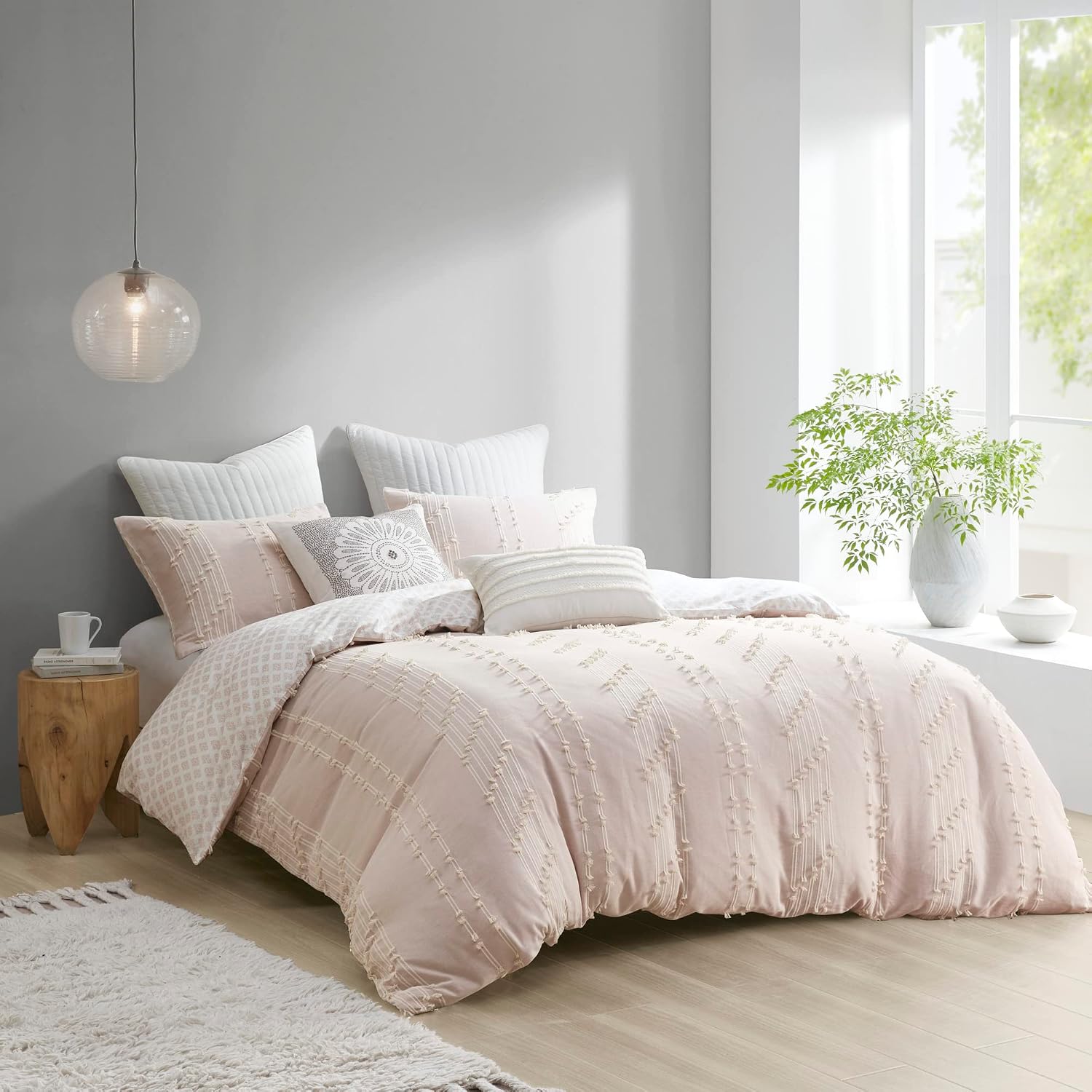 INK+IVY Kara 100% Cotton Duvet Mid Century Modern Design, All Season Comforter Cover Bedding Set, Matching Shams, Full/Queen, Jacquard Stripes Blush 3 Piece