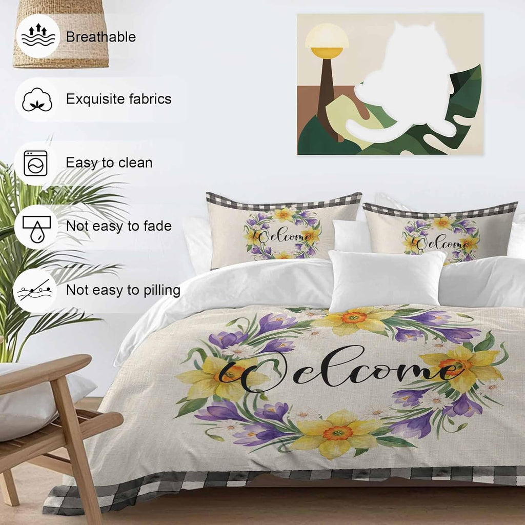 Welcome Duvet Cover Set Queen Size 4 Pieces Vintage Purple Yellow Floral Wreath Linen Texture Bedding Set with Zipper Closure, 1 Comforter Cover 86x86 Inches 1 Flat Sheet & 2 Pillow Cases