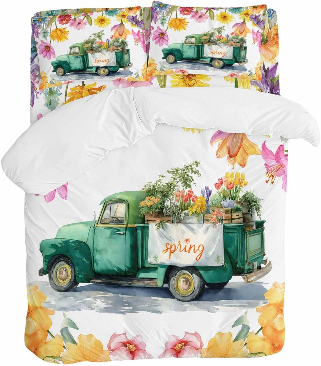 Spring Floral Duvet Cover Set Queen Size 4 Pieces Oil Painting Flower Watercolor Farm Light Blue Truck Bedding Set with Zipper Closure, 1 Comforter Cover 86x86 Inches 1 Flat Sheet & 2 Pillow Cases