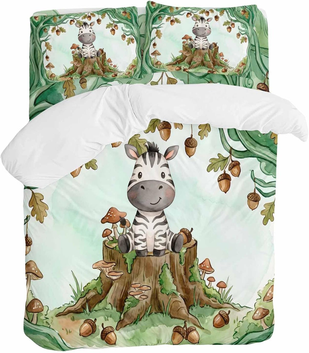 Cartoon Small Zebra Duvet Cover Set Queen Size 4 Pieces Watercolor Forest Animal Acorn Green Tree Bedding Set with Zipper Closure, 1 Comforter Cover 86x86 Inches 1 Flat Sheet & 2 Pillow Cases