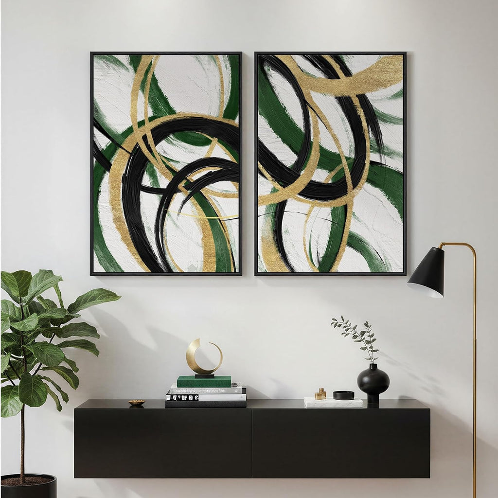 Framed Green Abstract Wall Art Set of 2 for Living Room, Large Green Gold and Black Canvas Artwork for Walls, Modern Luxury Painting Print for Bedroom Dining Room Office Hallway Wall Decor, 24x36 Inch