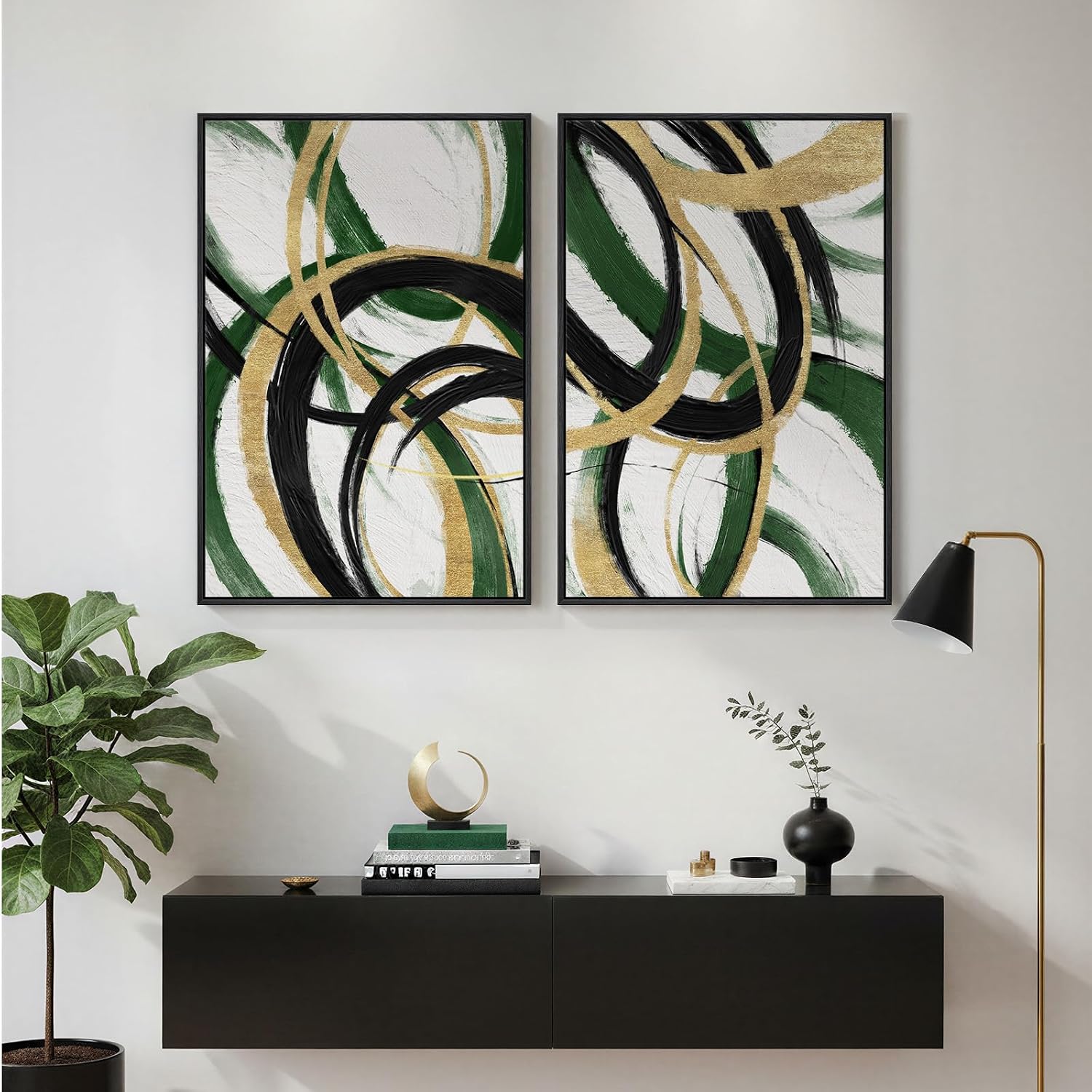 Framed Green Abstract Wall Art Set of 2 for Living Room, Large Green Gold and Black Canvas Artwork for Walls, Modern Luxury Painting Print for Bedroom Dining Room Office Hallway Wall Decor, 24x36 Inch