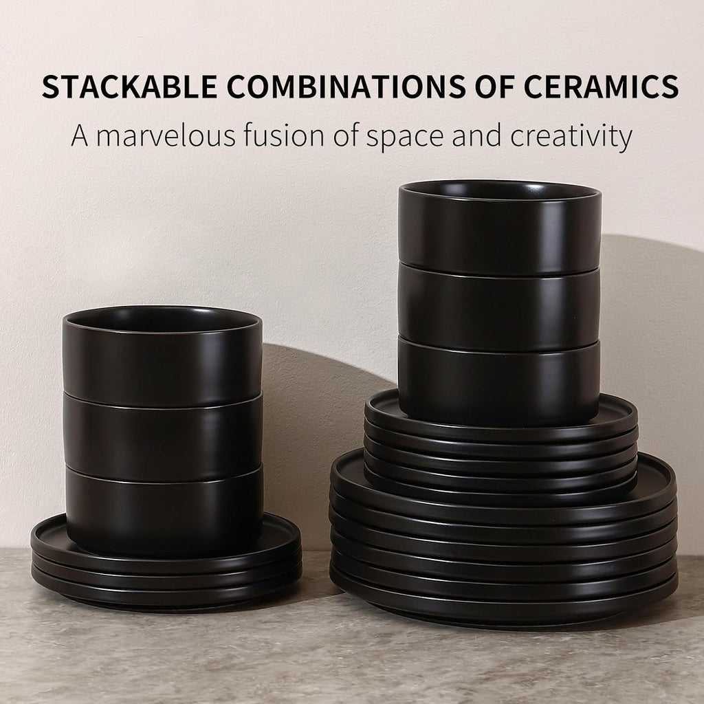 GZG Classic Series - Plates and Bowls Set for 6, 18 Piece Stoneware Dinnerware Sets, Microwave and Dishwasher Safe Lead-Free Handcrafted Ceramic Dishes Set - Matte Black