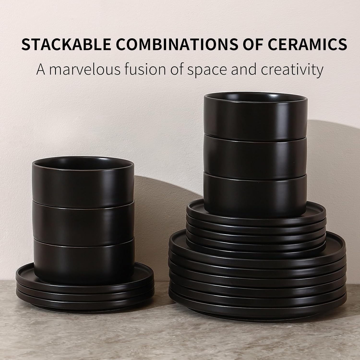 GZG Classic Series - Plates and Bowls Set for 6, 18 Piece Stoneware Dinnerware Sets, Microwave and Dishwasher Safe Lead-Free Handcrafted Ceramic Dishes Set - Matte Black