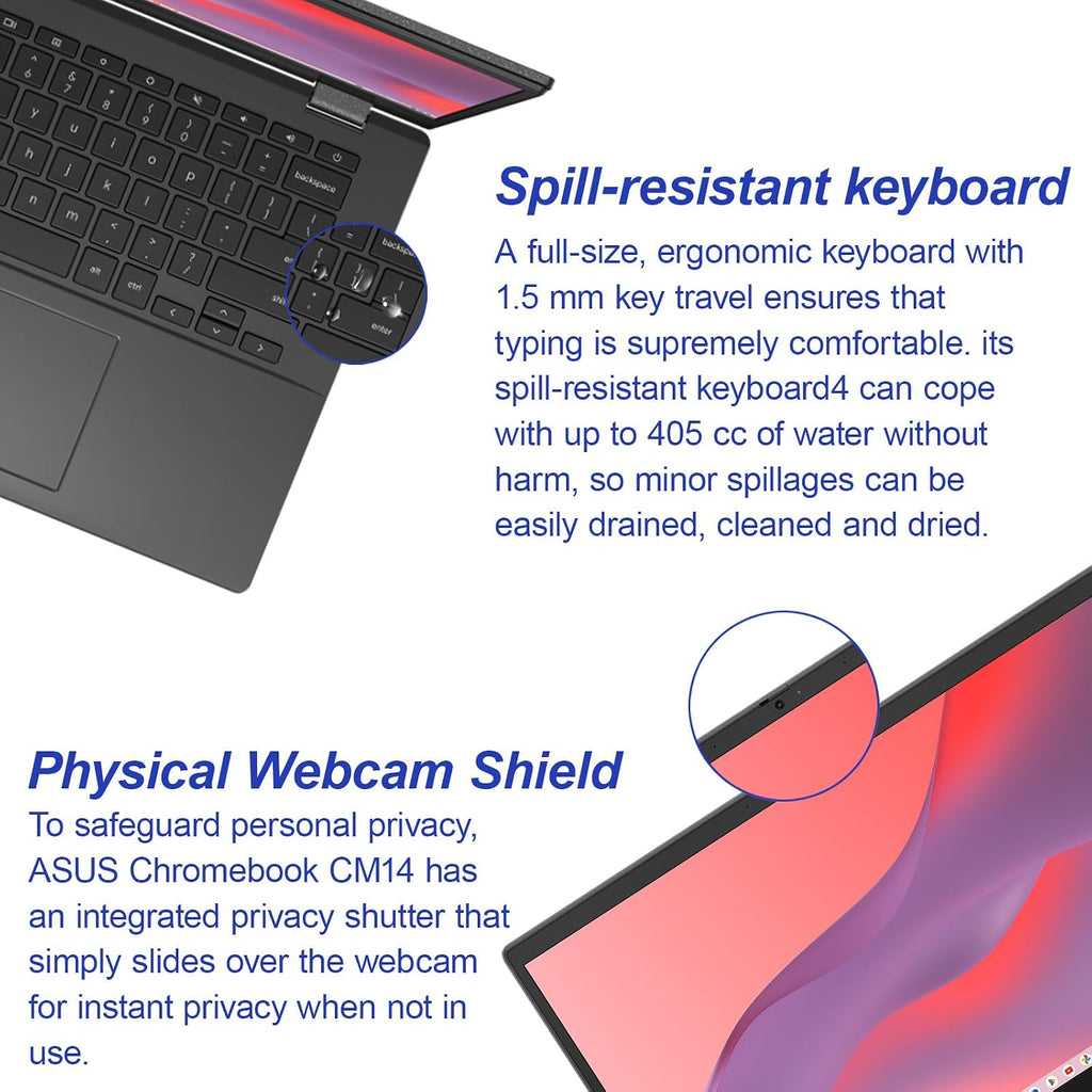 ASUS Chromebook CM1402 14' FHD Laptop, MediaTek Kompanio 520, 4GB LPDDR4x-3600 MHz RAM, 128GB Storage(64GB eMMC+64GB Micro SD), HD Webcam, WiFi 6, Bluetooth, Chrome OS, Gravity Gray