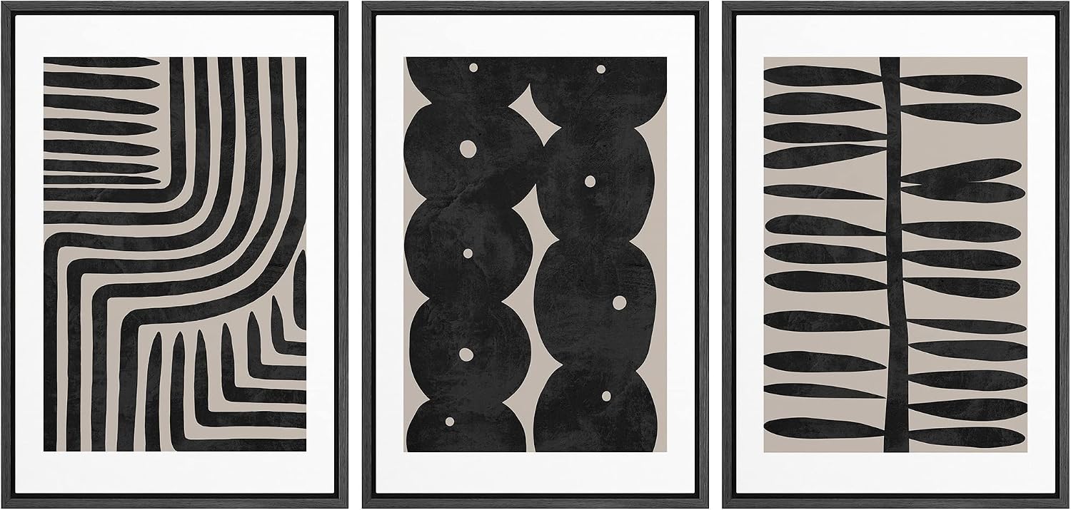 SIGNLEADER Framed Canvas Print Wall Art Set Geometric Black Paint Stroke Patterns Abstract Shapes Illustrations Modern Art Decorative Contemporary for Living Room, Bedroom, Office - 16'x24'x3 BLACK