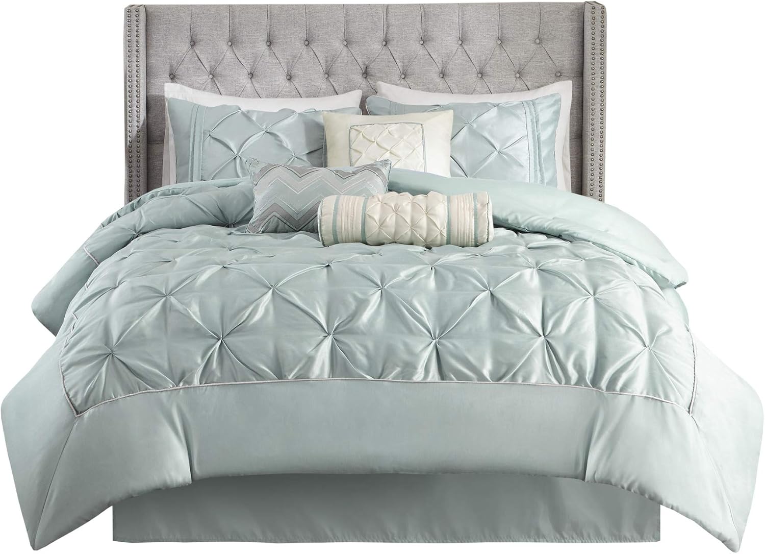 Madison Park Laurel Cal King Size Bed Comforter Set Bed In A Bag - Seafoam , Wrinkle Tufted Pleated – 7 Pieces Bedding Sets – Faux Silk Bedroom Comforters