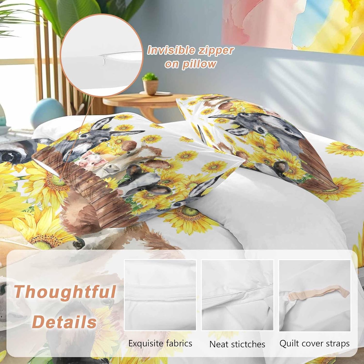 Farm Animal Duvet Cover Set Queen Size 4 Pieces Vintage Farmhouse Donkey Pig Cow Sunflower Leaf Wood Fence Bedding Set with Zipper Closure, 1 Comforter Cover 86x86 Inches 1 Flat Sheet & 2 Pillow Cases