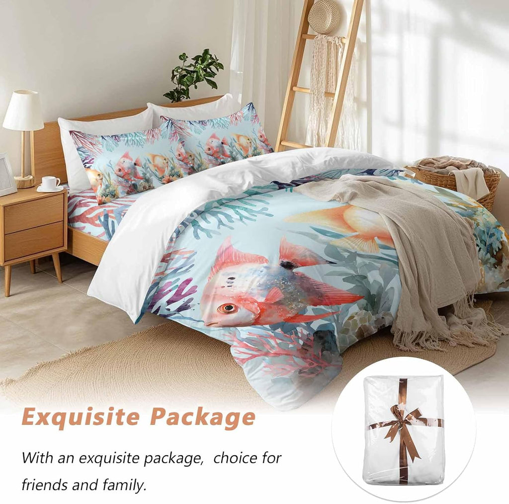 Summer Fish Duvet Cover Set Queen Size 4 Pieces Nautical Watercolor Orange Red Marine Life Coral Seaweed Bedding Set with Zipper Closure, 1 Comforter Cover 86x86 Inches 1 Flat Sheet & 2 Pillow Cases