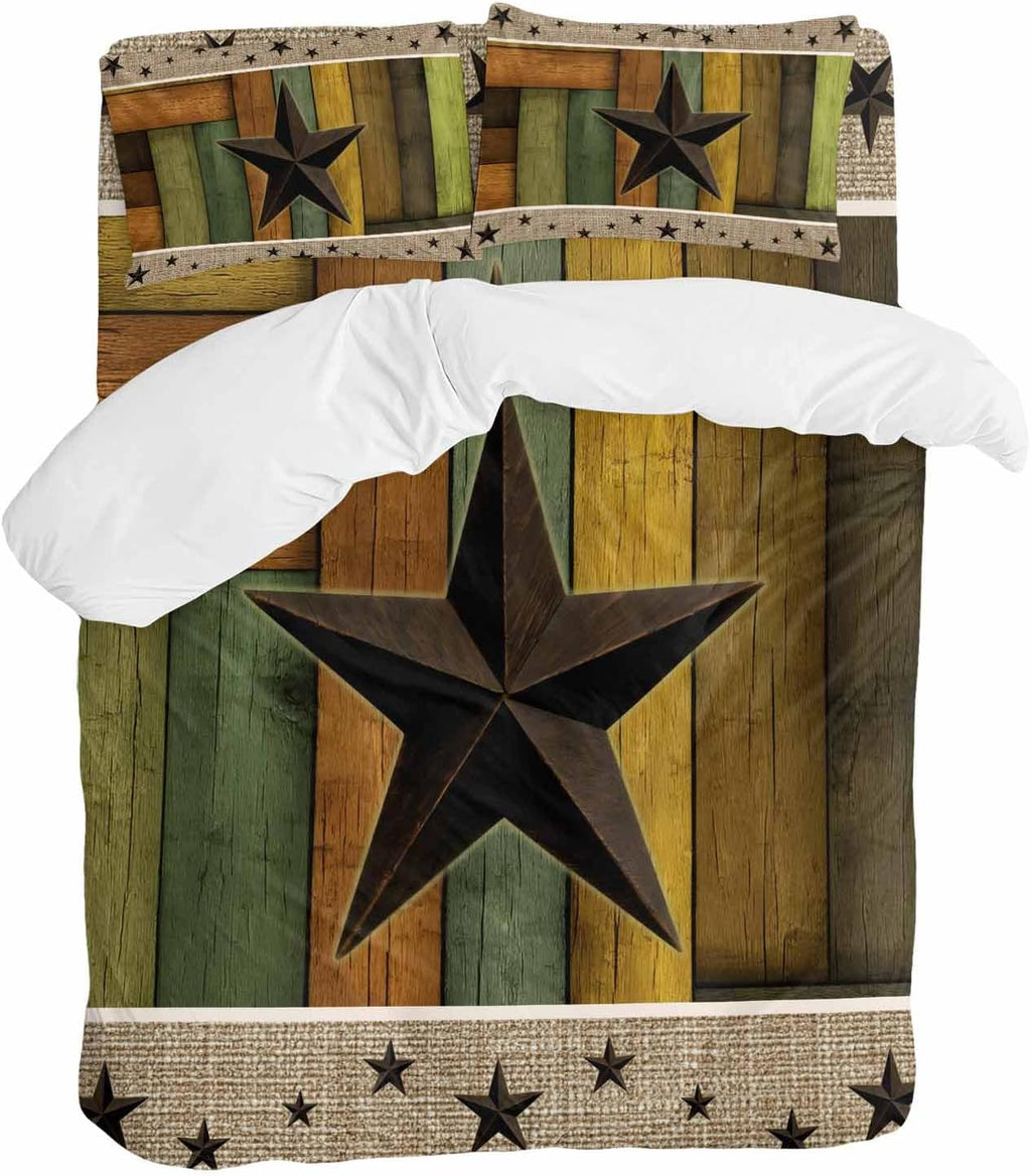 Texas Star Duvet Cover Set Queen Size 4 Pieces Retro Chic Western Texas Star Pattern Wooden Grain Bedding Set with Zipper Closure, 1 Comforter Cover 86x86 Inches 1 Flat Sheet & 2 Pillow Cases