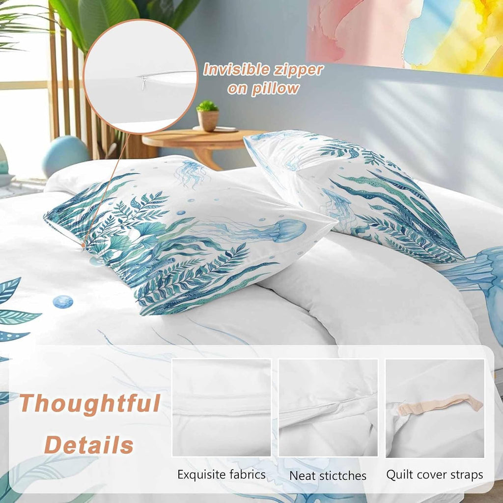 Prime Leader Blue Summer Ocean Duvet Cover Set Queen Size 4 Pieces Jellyfish Seaweed Watercolor Coastal Bedding Set with Zipper Closure, 1 Comforter Cover 90x92 Inches 1 Flat Sheet & 2 Pillow Cases
