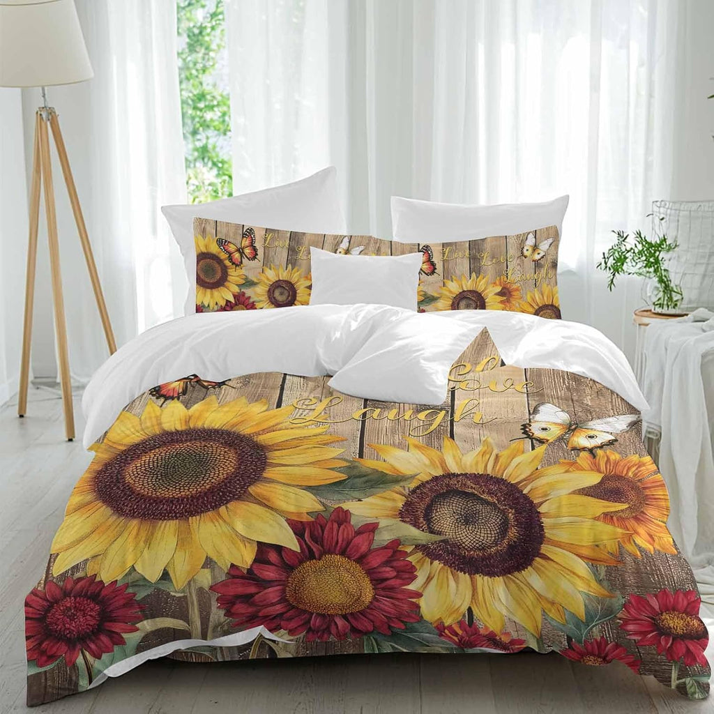 Flowers Duvet Cover Set Queen Size 4 Pieces Watercolor Yellow Sunflower Red Chrysanthemum Floral Wood Grain Bedding Set with Zipper Closure,1 Comforter Cover 86x86 Inches 1 Flat Sheet & 2 Pillow Cases