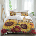 Flowers Duvet Cover Set Queen Size 4 Pieces Watercolor Yellow Sunflower Red Chrysanthemum Floral Wood Grain Bedding Set with Zipper Closure,1 Comforter Cover 86x86 Inches 1 Flat Sheet & 2 Pillow Cases