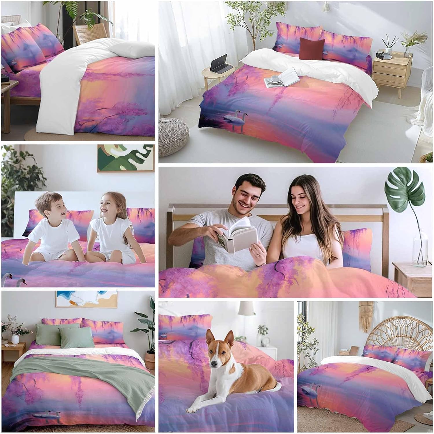 Swan Duvet Cover Set Queen Size 4 Pieces Oil Painting Spring Wisteria Gradient Pink Blue Lake Bedding Set with Zipper Closure, 1 Comforter Cover 86x86 Inches 1 Flat Sheet & 2 Pillow Cases