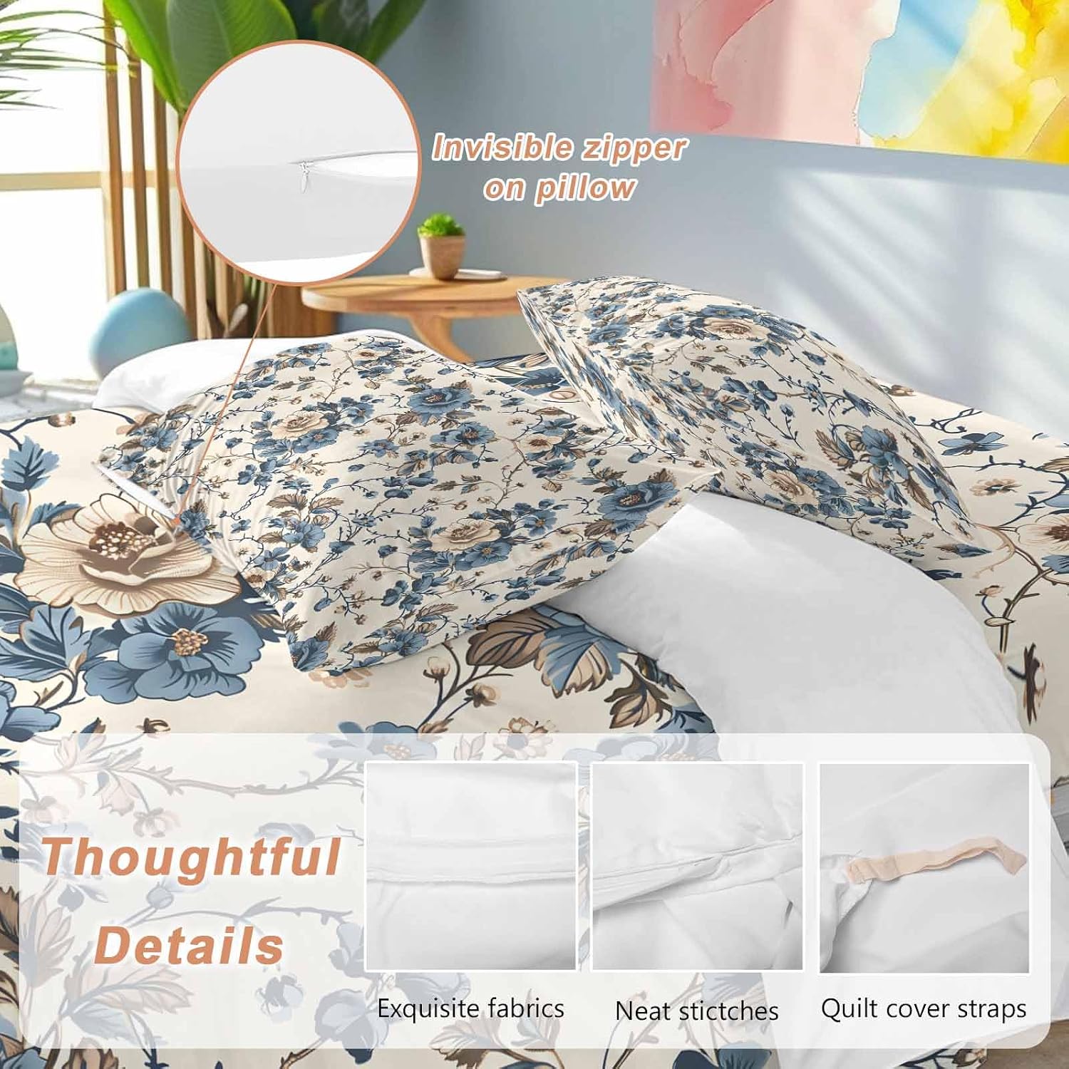 Vintage Floral Duvet Cover Set Queen Size 4 Pieces Beige Blue Brown Flowers Rustic Farmhouse Bedding Set with Zipper Closure, 1 Comforter Cover 92x106 Inches 1 Flat Sheet & 2 Pillow Cases