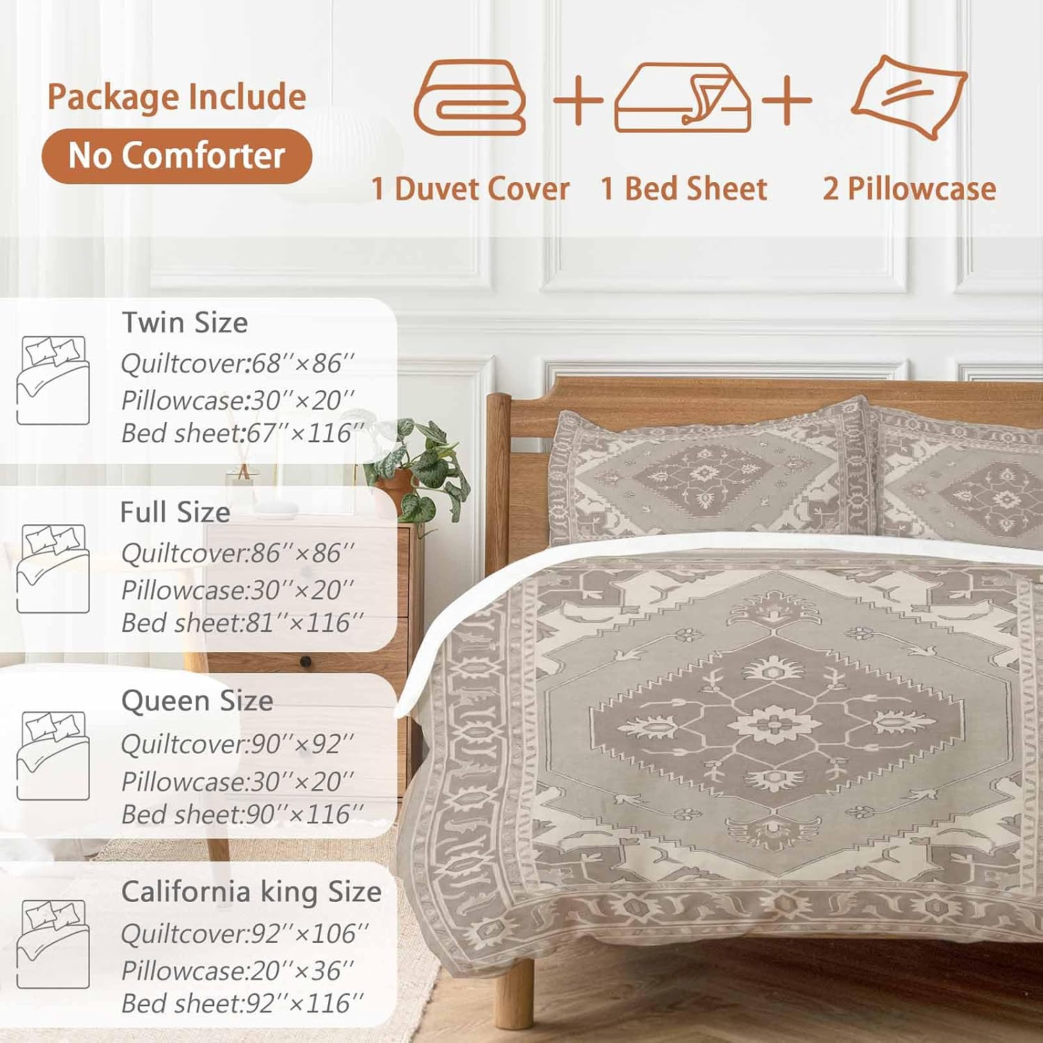 Ethnic Art Boho Duvet Cover Set Queen Size 4 Pieces Abstract Geometric Brown Flower Pattern Retro Border Bedding Set with Zipper Closure, 1 Comforter Cover 92x106 Inches 1 Flat Sheet & 2 Pillow Cases