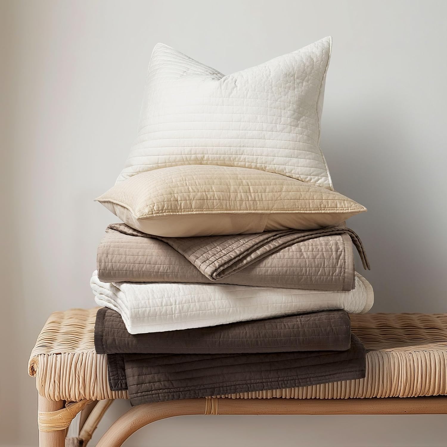 EVERGRACEHOME Cotton Sateen Quilt Set King Size, Pre-Washed Cotton Channel Stitch Coverlet Bedspread, 3 Pieces Lightweight Soft Bedding Sets for All Season, with 2 Pillow Shams, Stone Taupe
