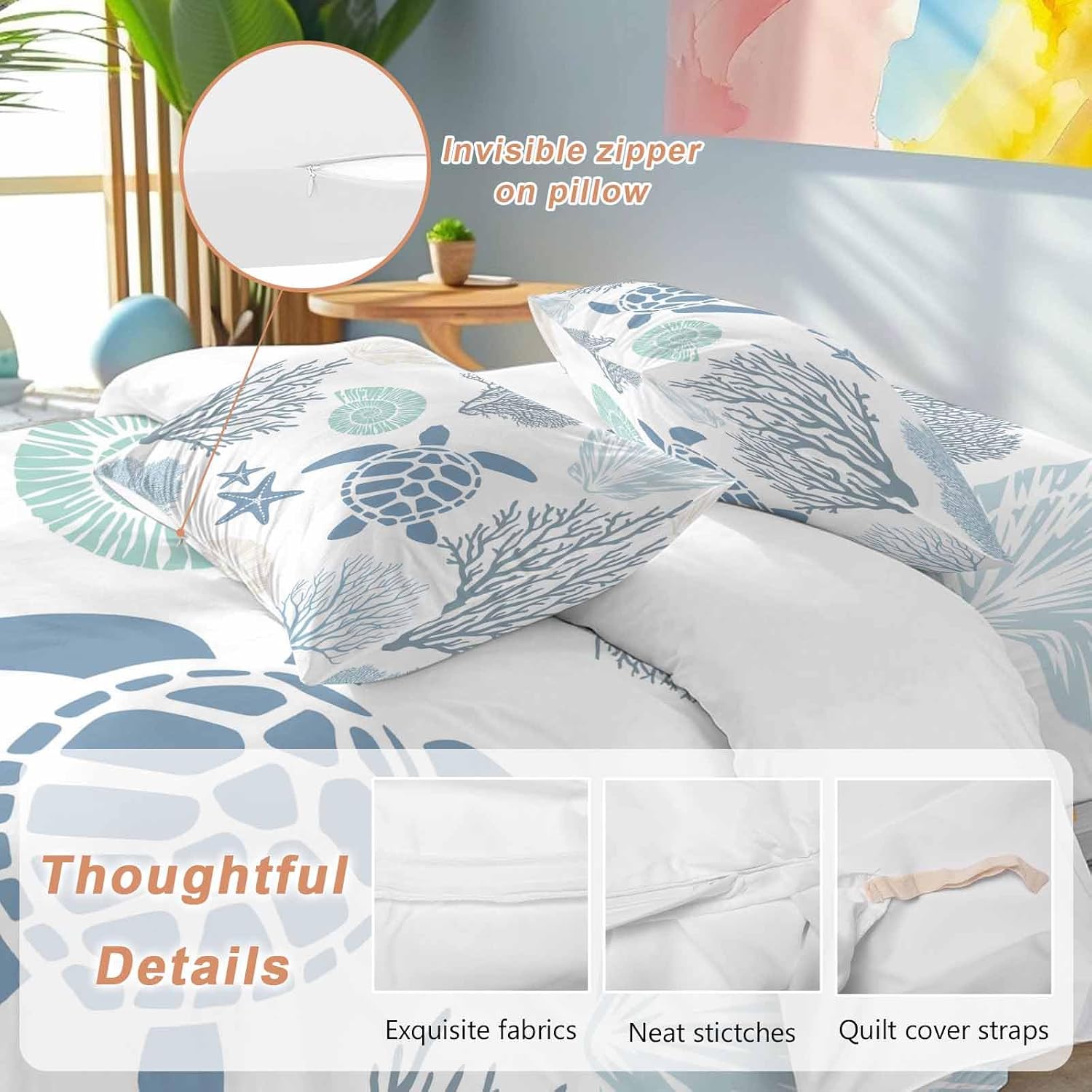 Summer Marine Life Duvet Cover Set Queen Size 4 Pieces Graffiti Sea Turtle Starfish Teal Conch Coral Bedding Set with Zipper Closure, 1 Comforter Cover 86x86 Inches 1 Flat Sheet & 2 Pillow Cases