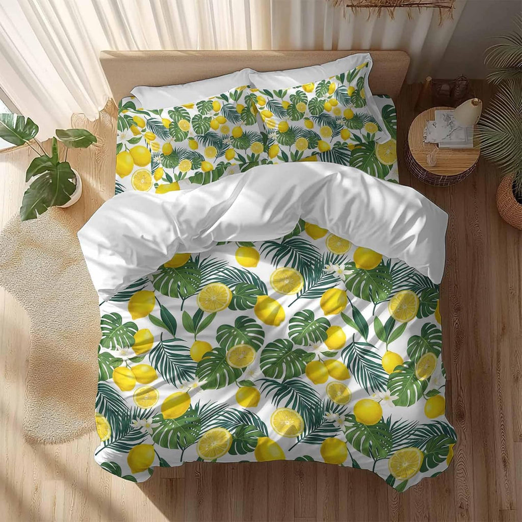 Prime Leader Lemon Leaf Duvet Cover Set Queen Size 4 Pieces Watercolor Lemon Floral Monstera Leaf Bedding Set with Zipper Closure, 1 Comforter Cover 90x92 Inches 1 Flat Sheet & 2 Pillow Cases