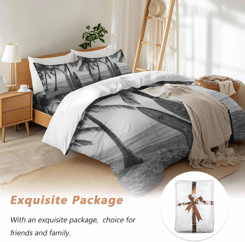 Summer Beach Surf Duvet Cover Set Queen Size 4 Pieces Palm Trees Black And White Surfboard Seaside Bedding Set with Zipper Closure, 1 Comforter Cover 90x92 Inches 1 Flat Sheet & 2 Pillow Cases