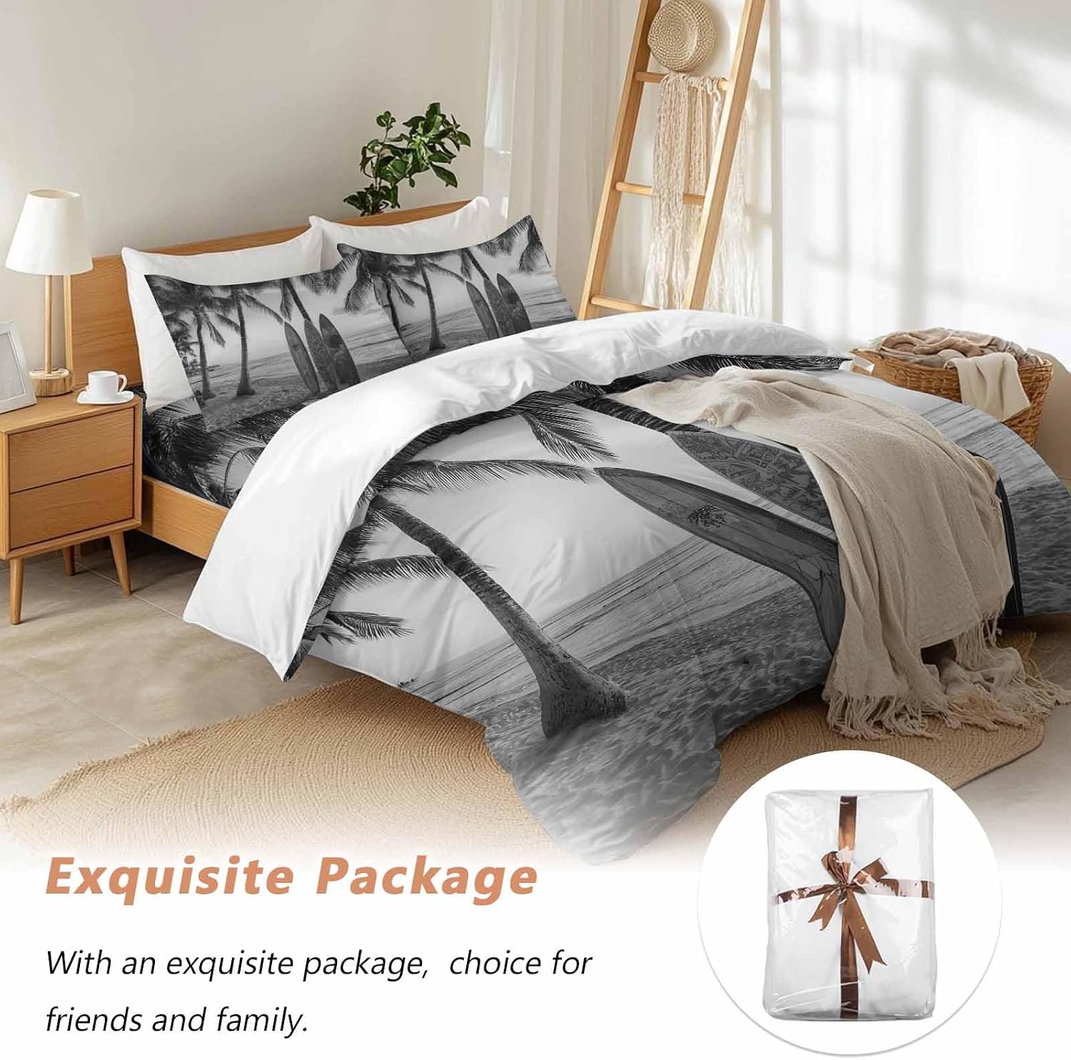 Summer Beach Surf Duvet Cover Set Queen Size 4 Pieces Palm Trees Black And White Surfboard Seaside Bedding Set with Zipper Closure, 1 Comforter Cover 90x92 Inches 1 Flat Sheet & 2 Pillow Cases