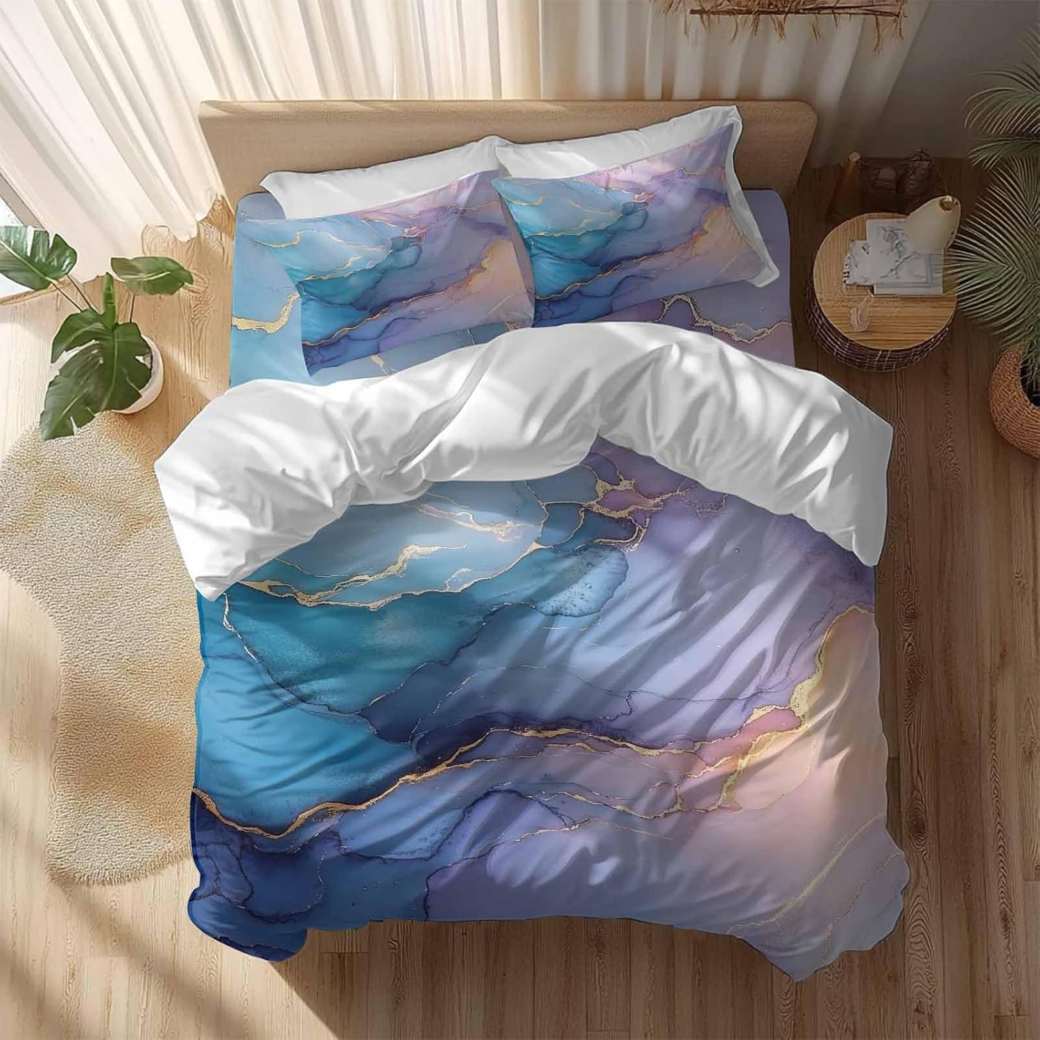 Pink Blue Marble Duvet Cover Set Queen Size 4 Pieces Abstract Marble Stone Texture Modern Style Bedding Set with Zipper Closure, 1 Comforter Cover 92x106 Inches 1 Flat Sheet & 2 Pillow Cases