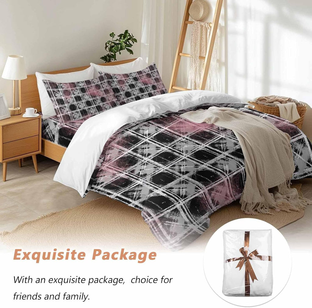 Tartan Duvet Cover Set Queen Size 4 Pieces Scottish Plaid Gray White Stripes Black Plaid Artistic Bedding Set with Zipper Closure, 1 Comforter Cover 92x106 Inches 1 Flat Sheet & 2 Pillow Cases