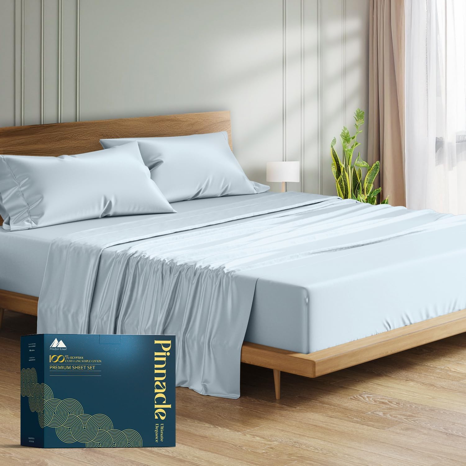 Mayfair Linen 100% Egyptian Cotton Sheets King Size - 1500 Series King Size Sheets Set Egyptian Cotton, Luxury Bedsheet (Light Blue, 4 PC), Soft, Cooling, 17' Deep Pocket Sateen Weave Bedsheet Set